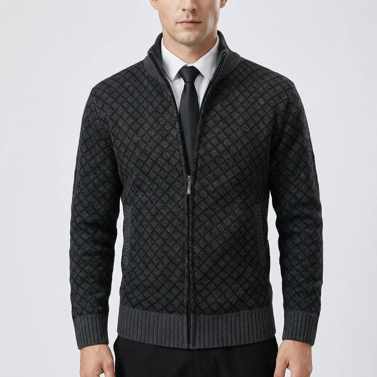 Men's knitted sweater | Knitted cardigan with zipper and high collar
