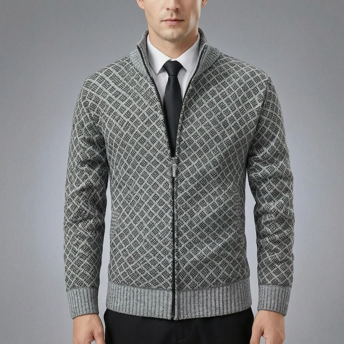 Men's knitted sweater | Knitted cardigan with zipper and high collar