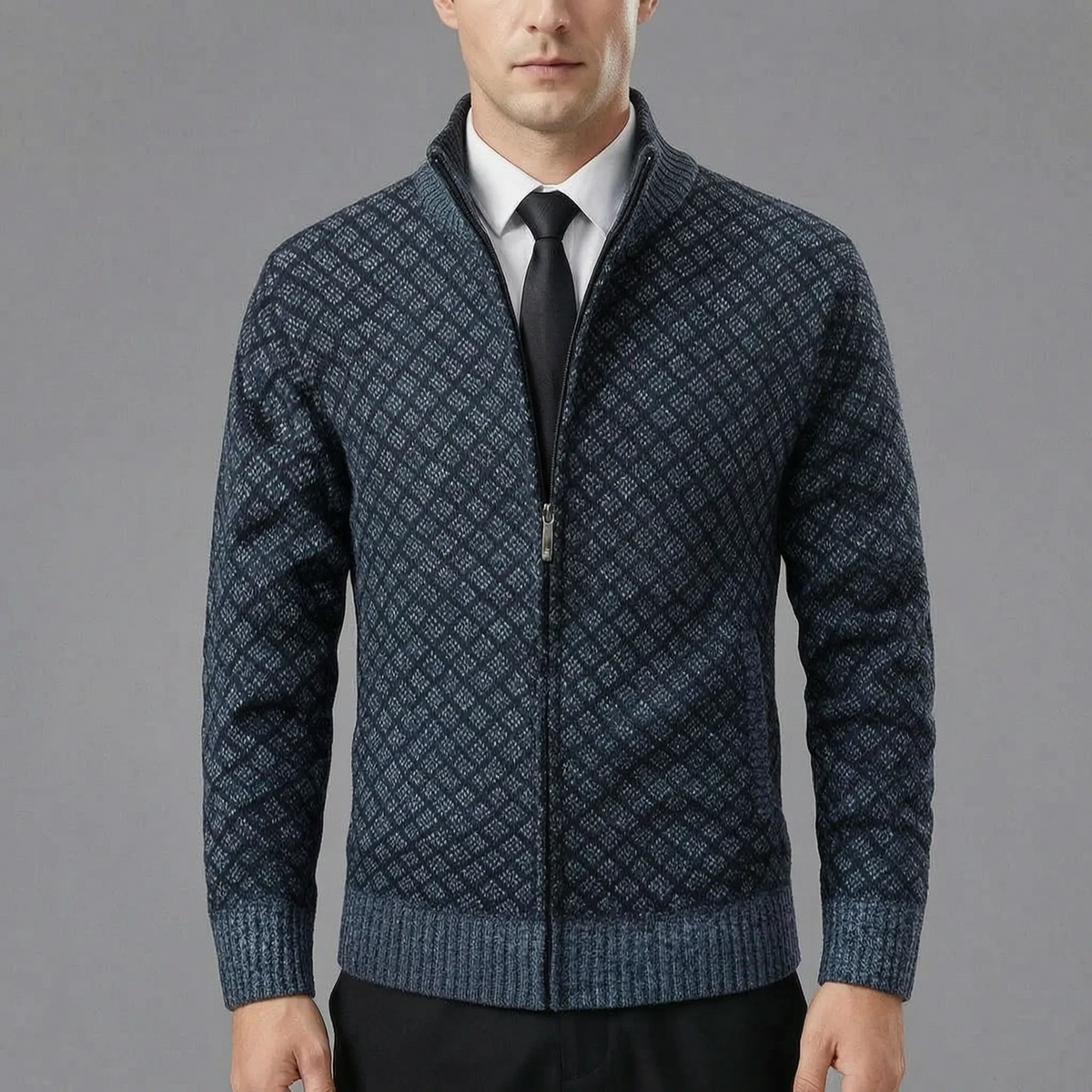 Men's knitted sweater | Knitted cardigan with zipper and high collar