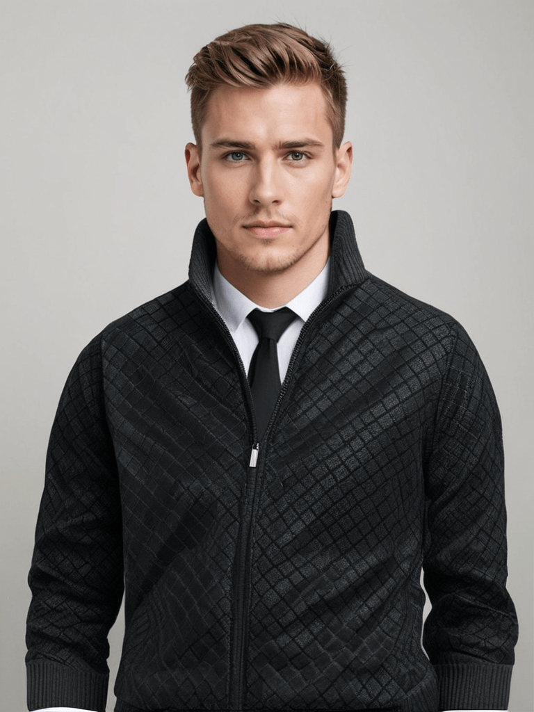 Men's knitted sweater | Knitted cardigan with zipper and high collar