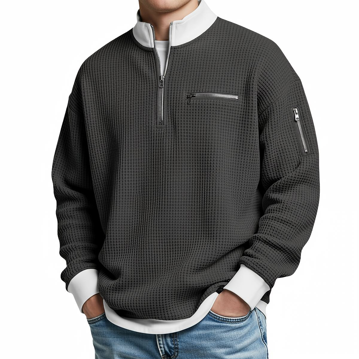 Men's sweater | Waffle knit sweater with half zip