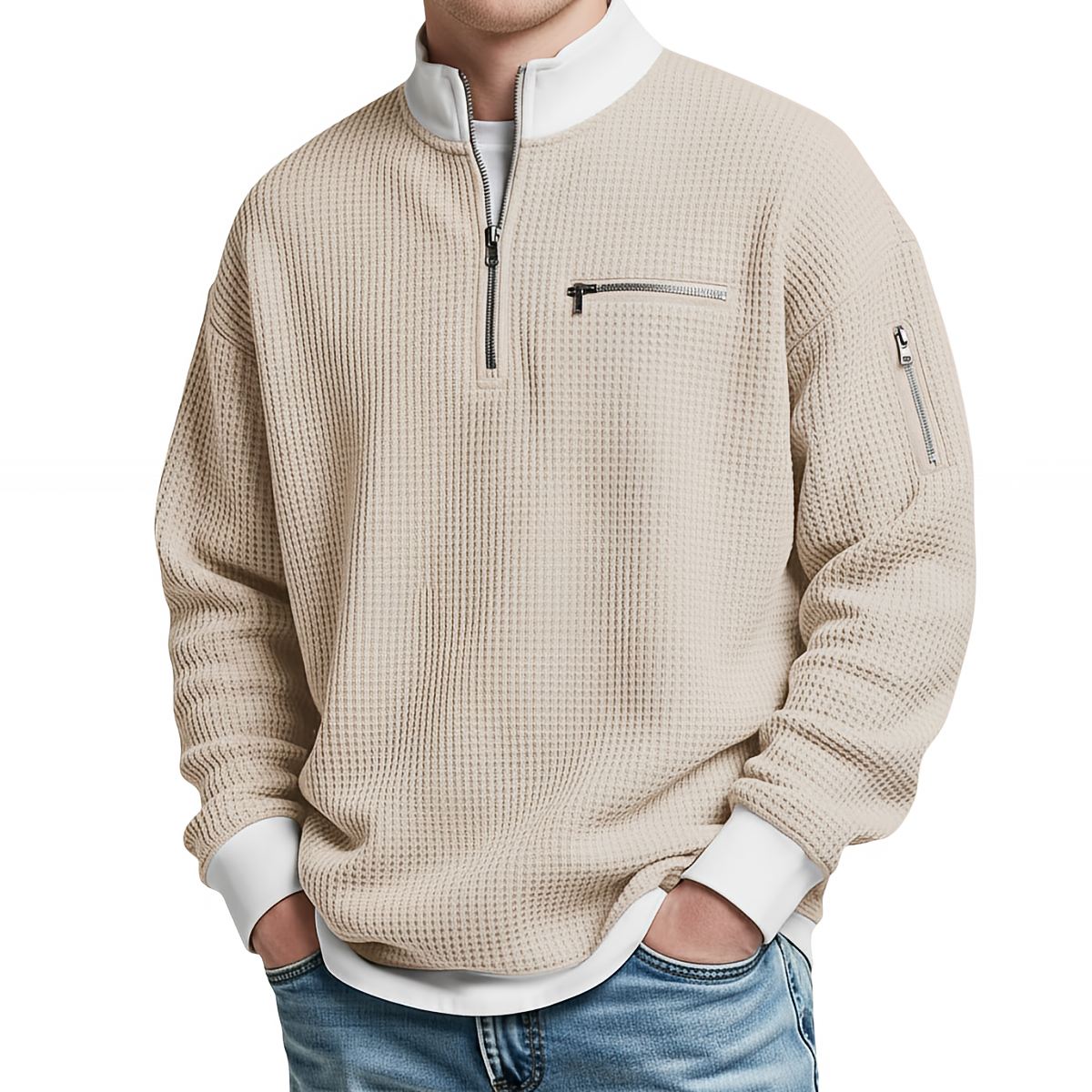 Men's sweater | Waffle knit sweater with half zip