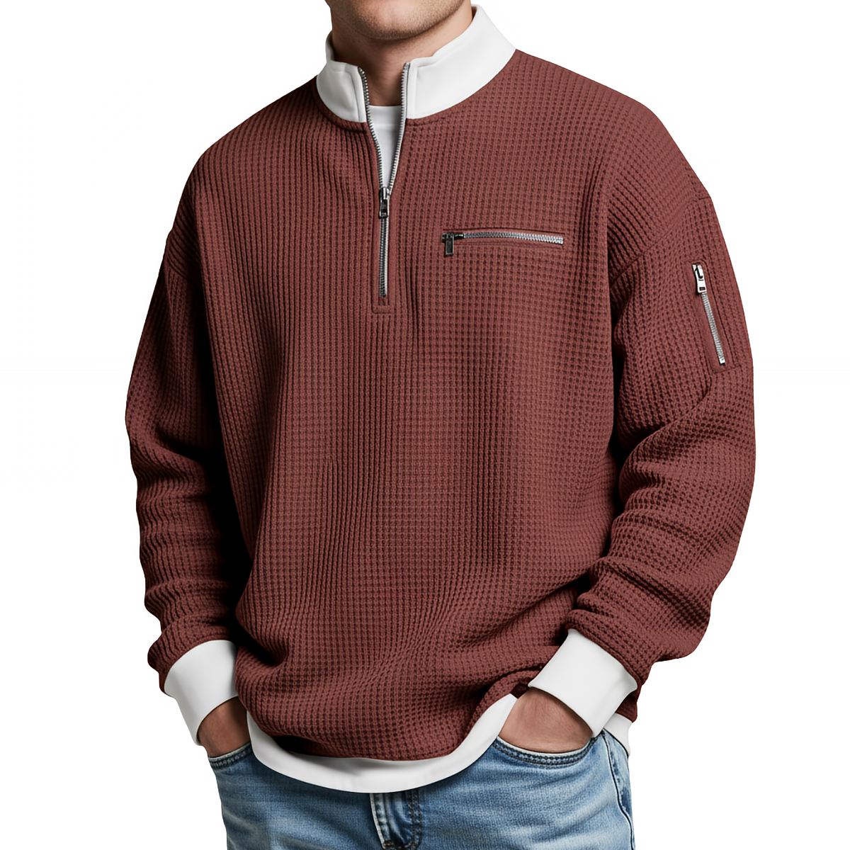 Men's sweater | Waffle knit sweater with half zip