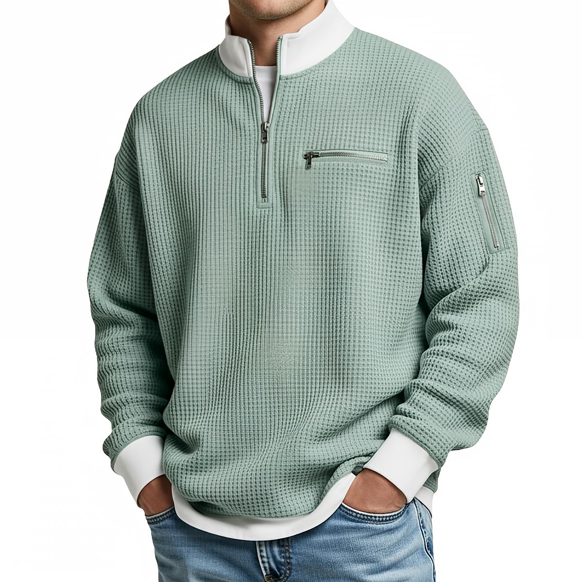 Men's sweater | Waffle knit sweater with half zip