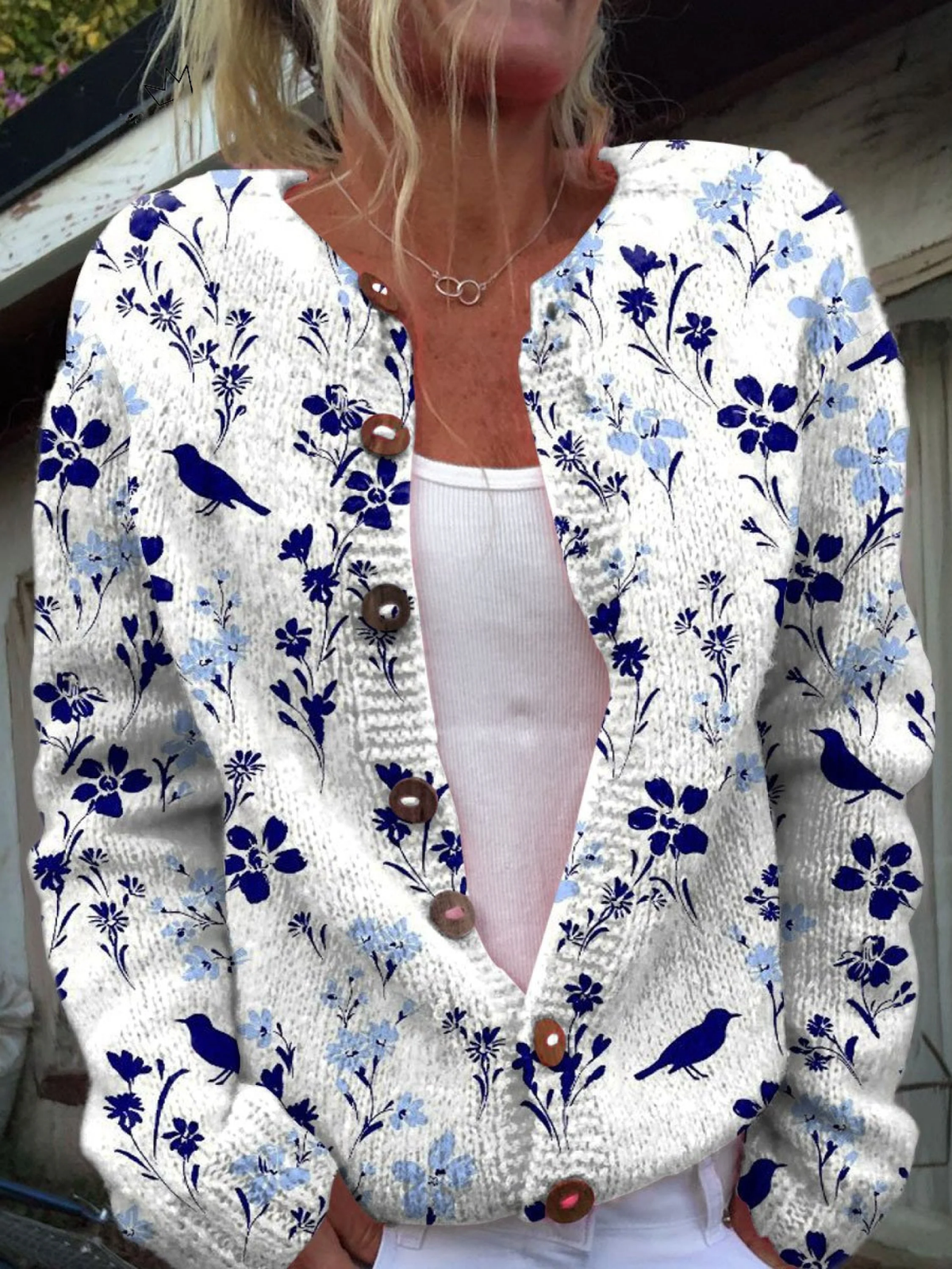 Vynora™ | Cardigan vintage con stampa floreale e uccelli e abbottonatura frontale