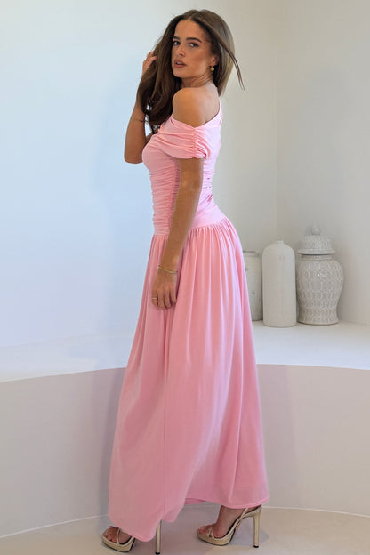 Colette Vestito Lungo con Spalle Scoperte e Dettaglio Increspato Rosa