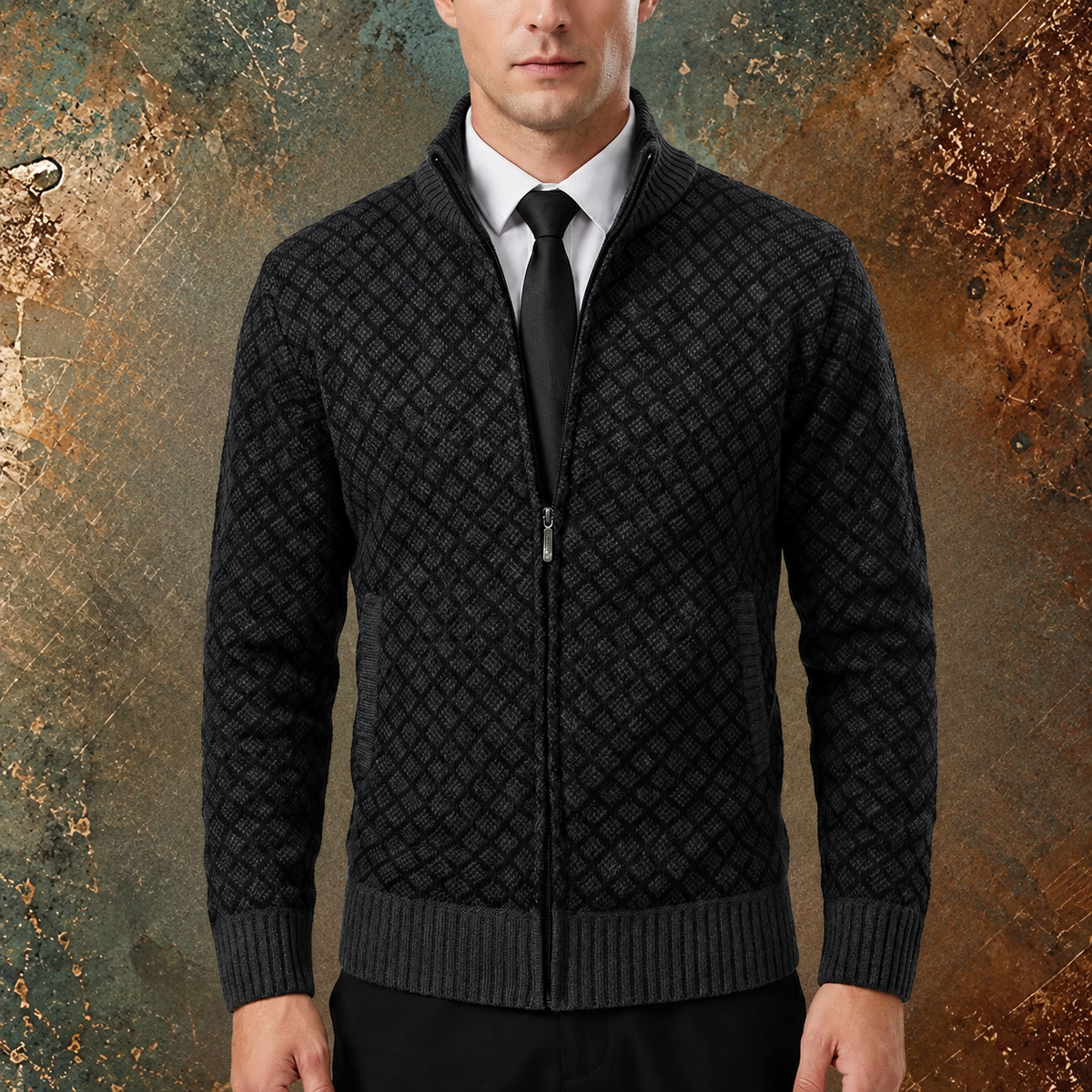 Men's knitted sweater | Knitted cardigan with zipper and high collar
