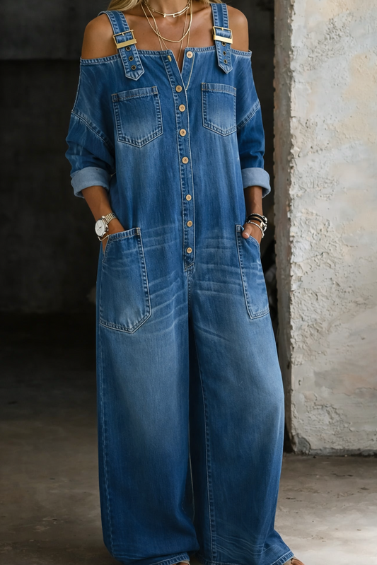 Sophia | Tuta intera in denim con spalle scoperte.