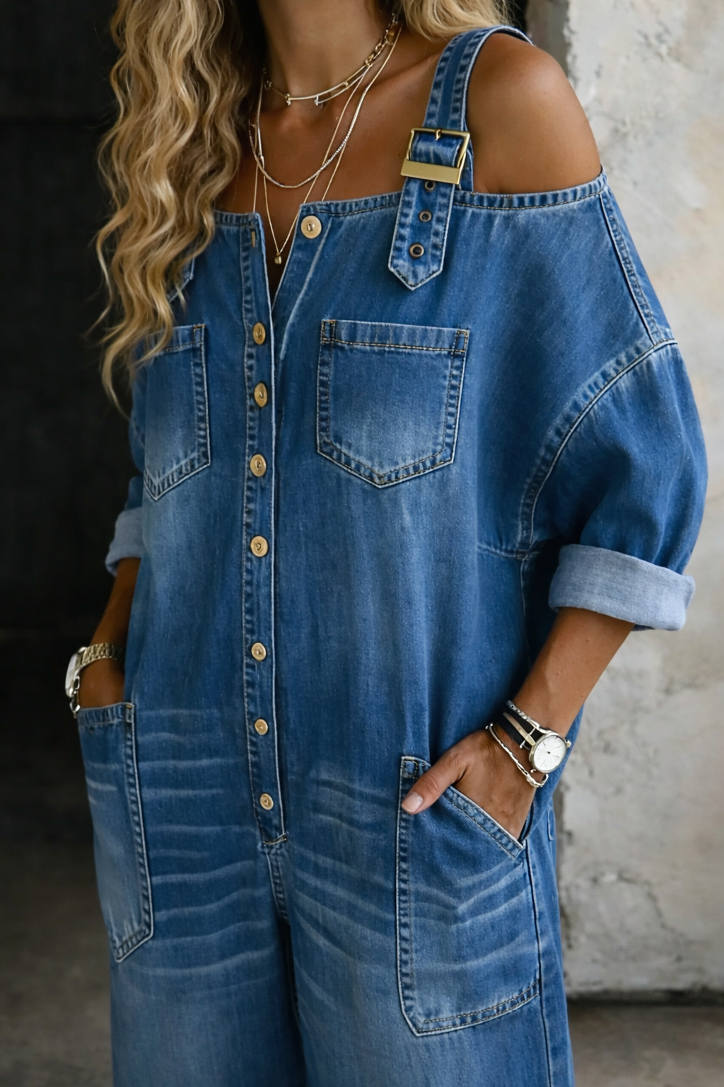 Sophia | Tuta intera in denim con spalle scoperte.