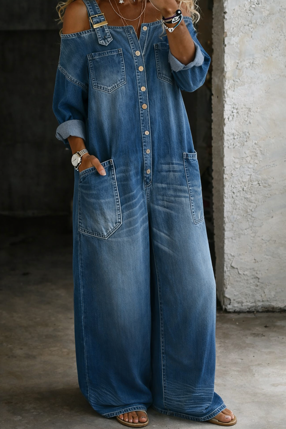 Sophia | Tuta intera in denim con spalle scoperte.