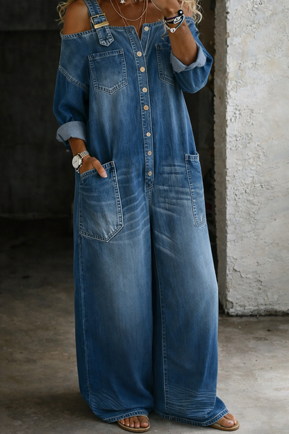 Sophia | Tuta intera in denim con spalle scoperte.