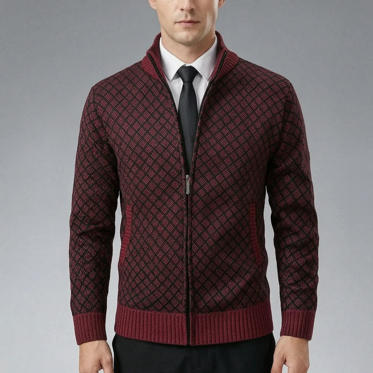 Men's knitted sweater | Knitted cardigan with zipper and high collar