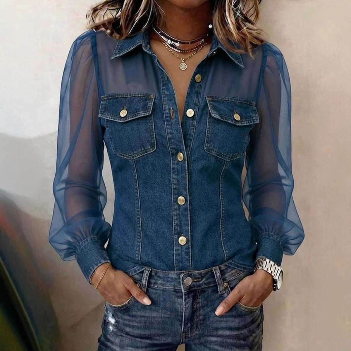 Elegante camicetta effetto denim