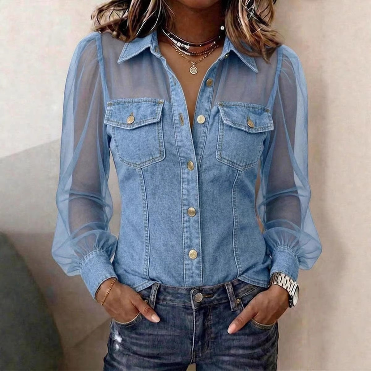 Elegante camicetta effetto denim