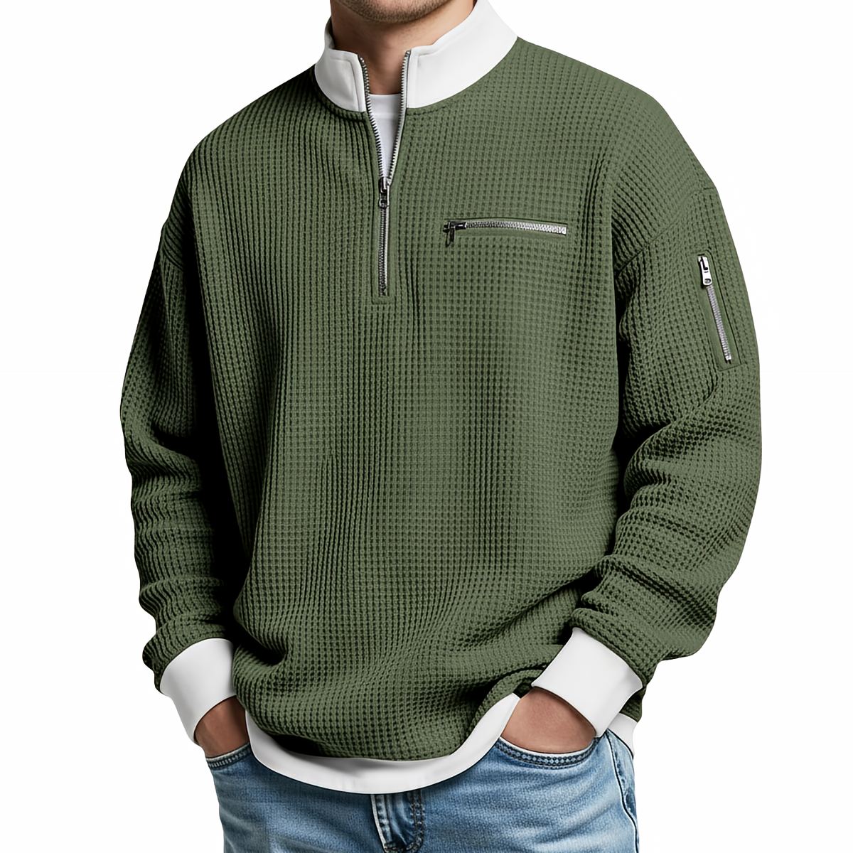Men's sweater | Waffle knit sweater with half zip